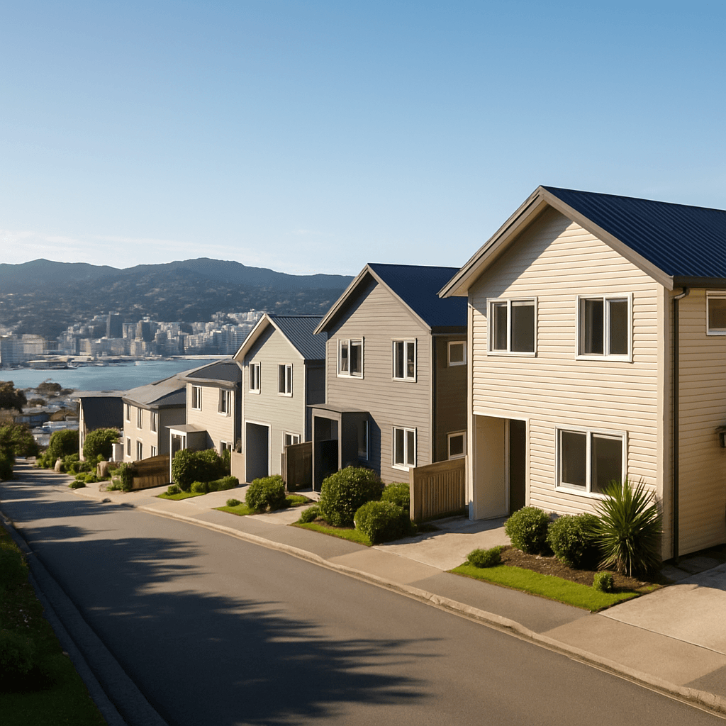 Tidy residential street in Wellington with family homes and harbour view in background, illustrating selling property