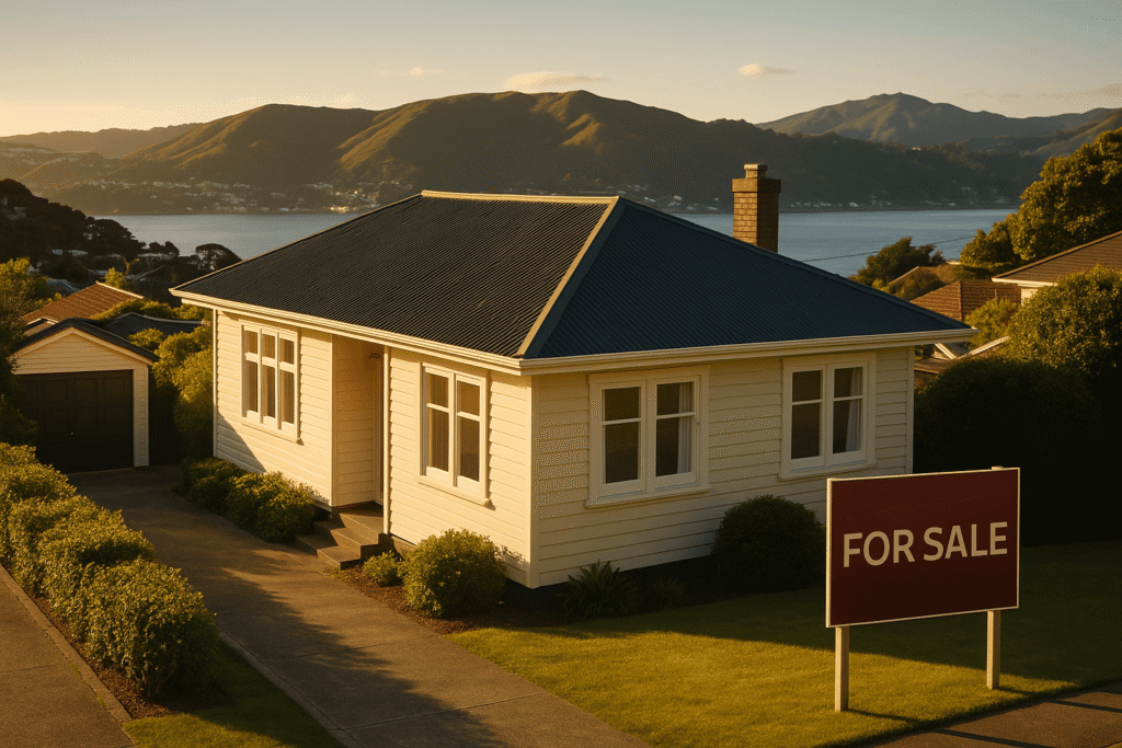 Wellington suburban home with green hills and harbour in the background in late afternoon sun, with a 'For Sale' sign.