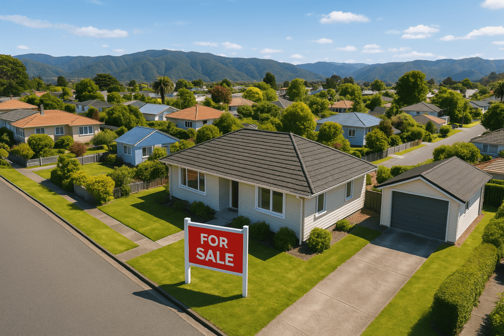 Aerial view of Upper Hutt homes with a for sale sign and Wellington hills, representing property selling in the region