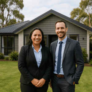 A diverse couple stands smiling outside a modern New Zealand home with native greenery, reflecting successful property