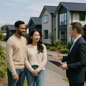 Diverse young couple consulting with a real estate agent on a modern New Zealand suburban street in front of contemporary