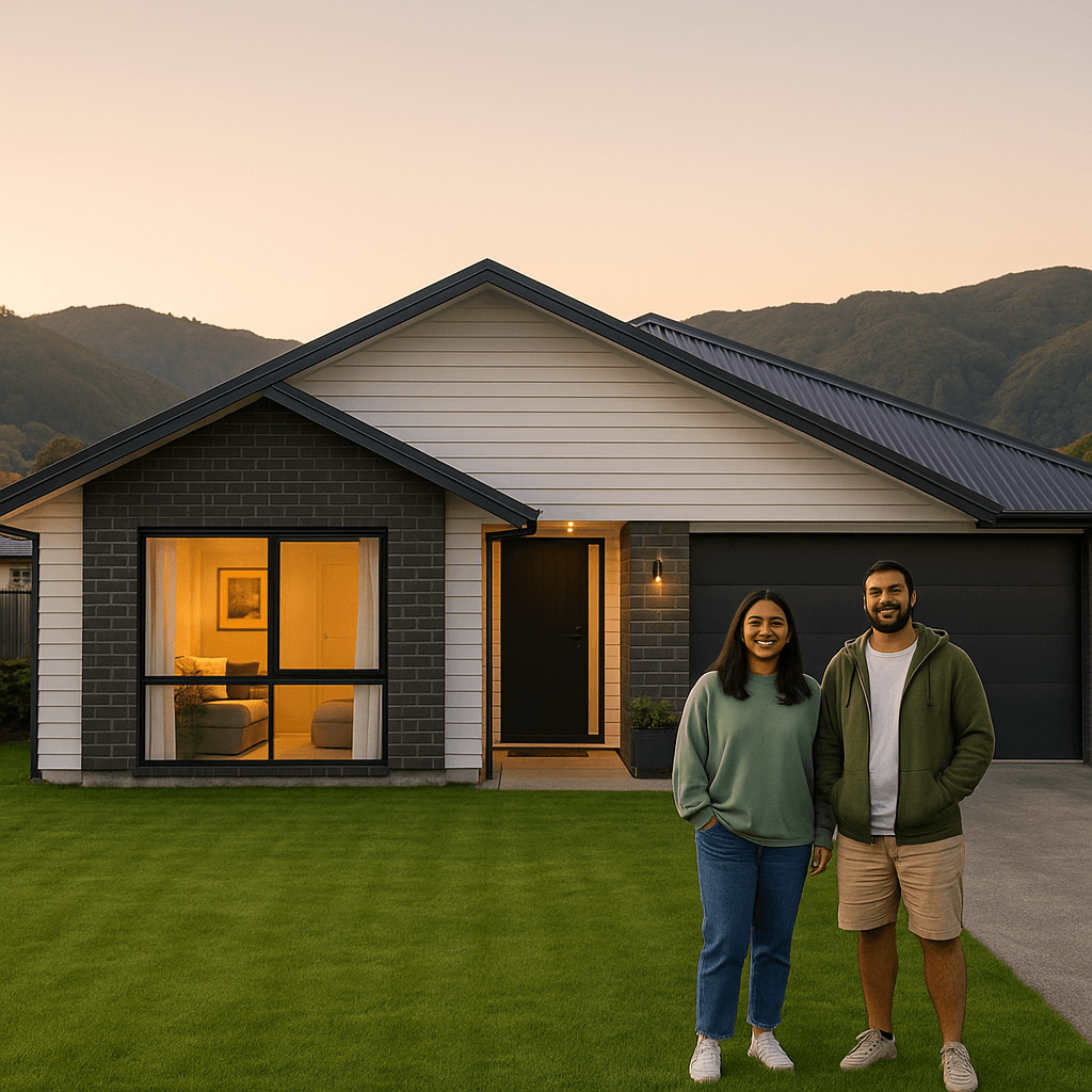 Upper Hutt house for sale with green lawn and Wellington hills in the background on a sunny morning