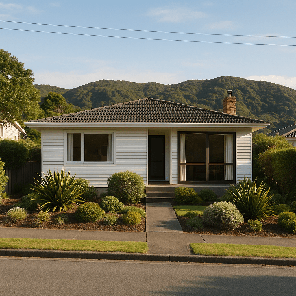 Well-presented Wellington family home with clean lines, tidy garden, and native plants, set against Wellington hills