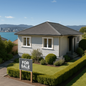 Wellington suburban house for sale with city skyline and harbour in background on a clear day