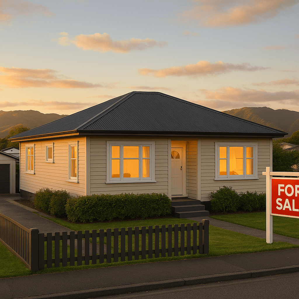 Family home for sale in Upper Hutt with Wellington hills and New Zealand streetscape in background