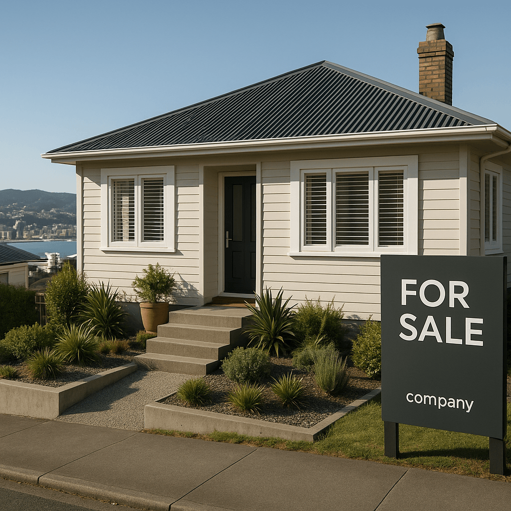 Kiwi shopper compares TV, smartphone, laptop, and headphones in modern NZ setting with visible silver fern and rolling hills.