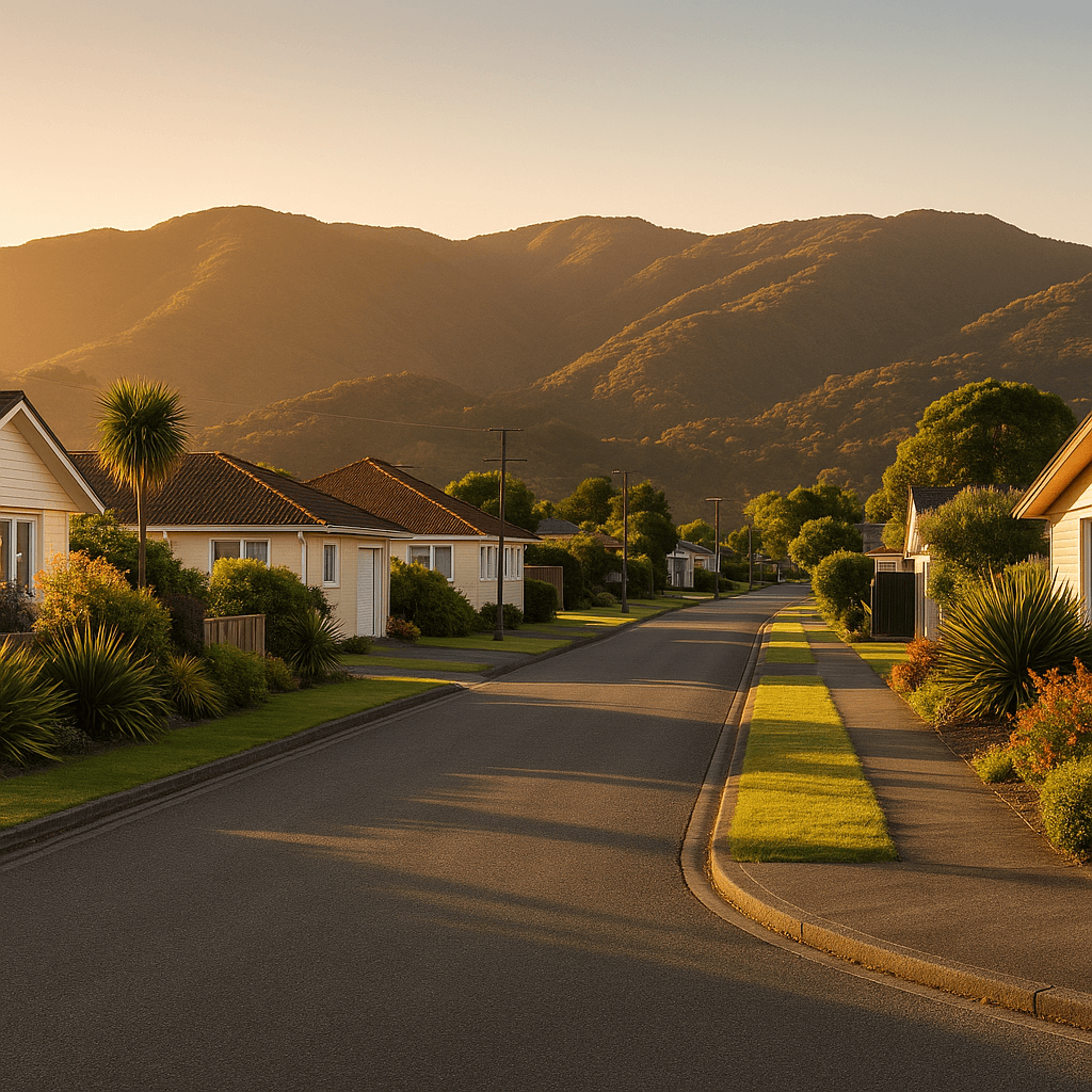 Upper Hutt residential street at sunset with family homes, native gardens, and Wellington hills, illustrating the local