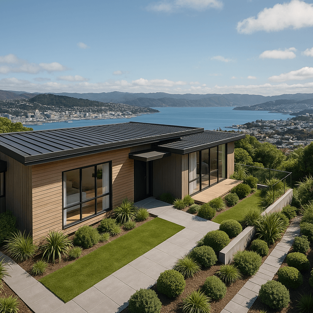 Staged Wellington home with city and harbour view in natural daylight, contemporary design and tidy landscaping